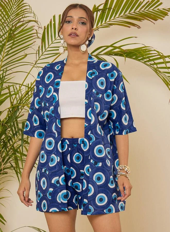 WineRed طقم كيمونو وبلوزة وشورت بطبعة عين الشر